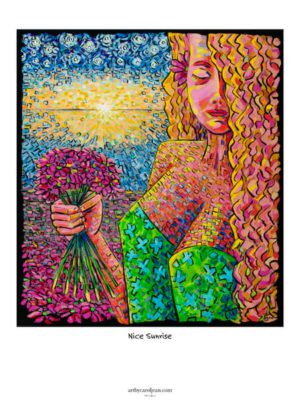 Woman holding flowers at sunrise print