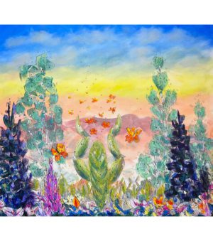 Colorful spring sky with trees and butterflies