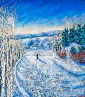 Painting of a jubilant skier Steamboat Ski Resort