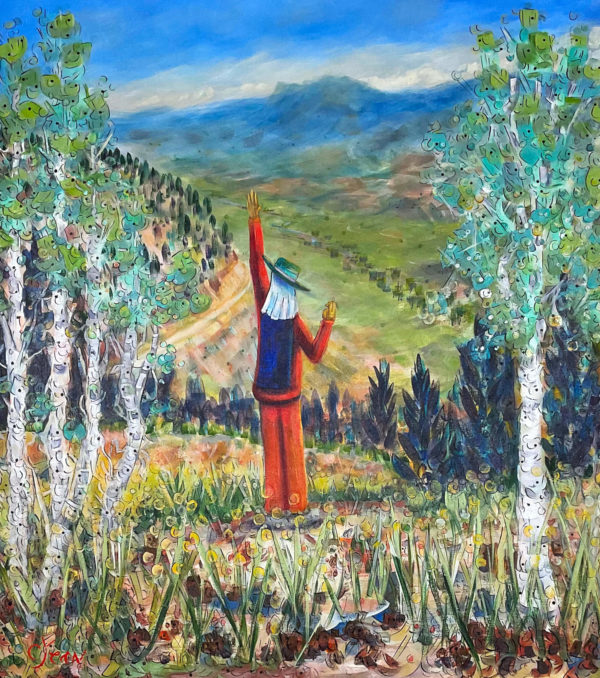 Figure standing in mountain meadow, party on