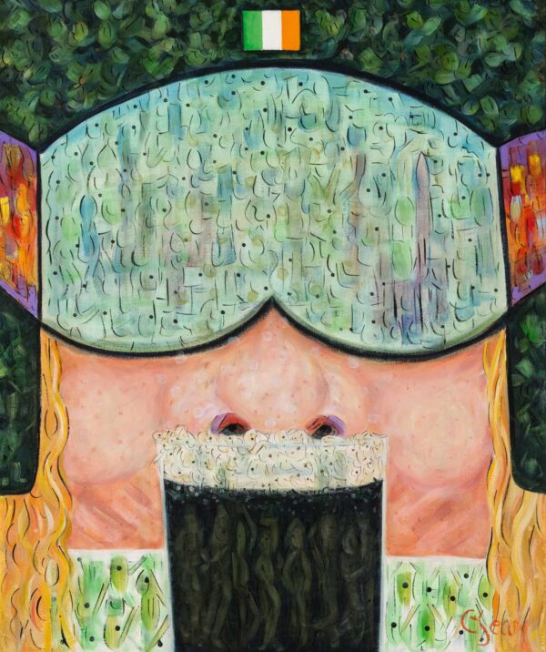 Arcylic painting of skier enjoying and Irish brew