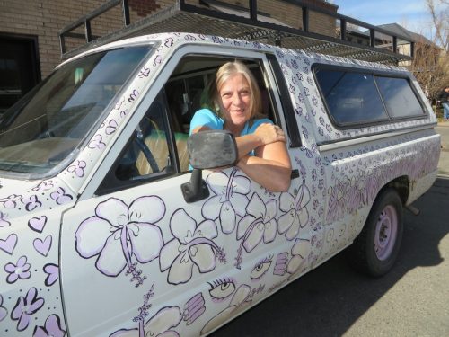Carol in her car Steamboat Springs Artist Carol Jean